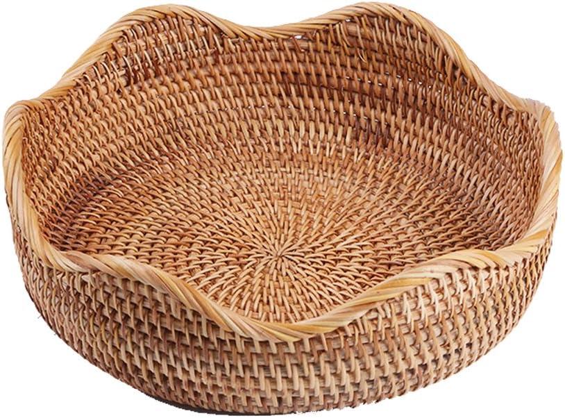 Handmade Rattan Round Fruit Basket Food Storage Bowls Kitchen Organizer Snack Serving Bowl Wavy Edge Circle Tray Basket, Boho Home Dcor Display Tray for Table, Dining Room (Medium 10.2")