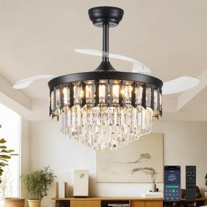 TXCSLY 42" Fandelier Ceiling Fan with Light, Crystal Chandelier Fan with Retractable Blades Dimmable Crystal Ceiling Fan Chandelier for Bedroom Living Room Dining Room-Black