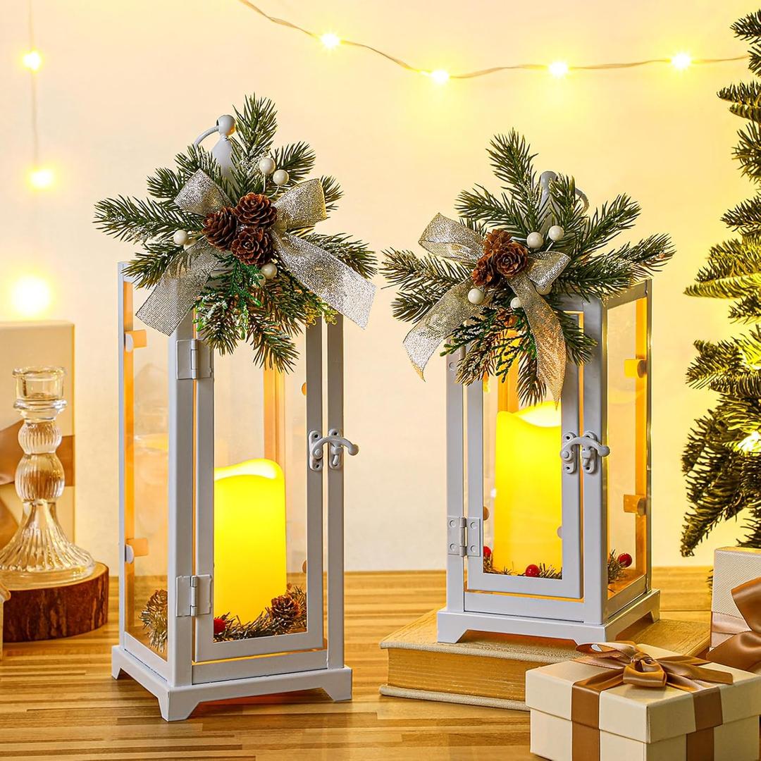 Baquler White 2 Pcs Christmas Metal Candle Lantern and LED Fake Candles 12'' and 15'' Decorative Lanterns with Xmas Ornament Porch Lanterns Indoor Outdoor Decoration Party Gift