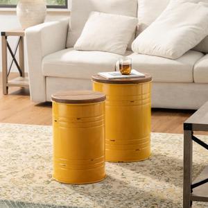 Glitzhome Rustic End Table Set of 2, Farmhouse Galvanized Metal Barrel Ottoman Storage Stool with Round Wood Lid for Living Room Furniture, Yellow, Large, Small