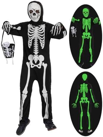 qqpouc Halloween skeleton costume kids,glow in the dark skeleton costume on both sides Skuller candy bag for boys and grils Small