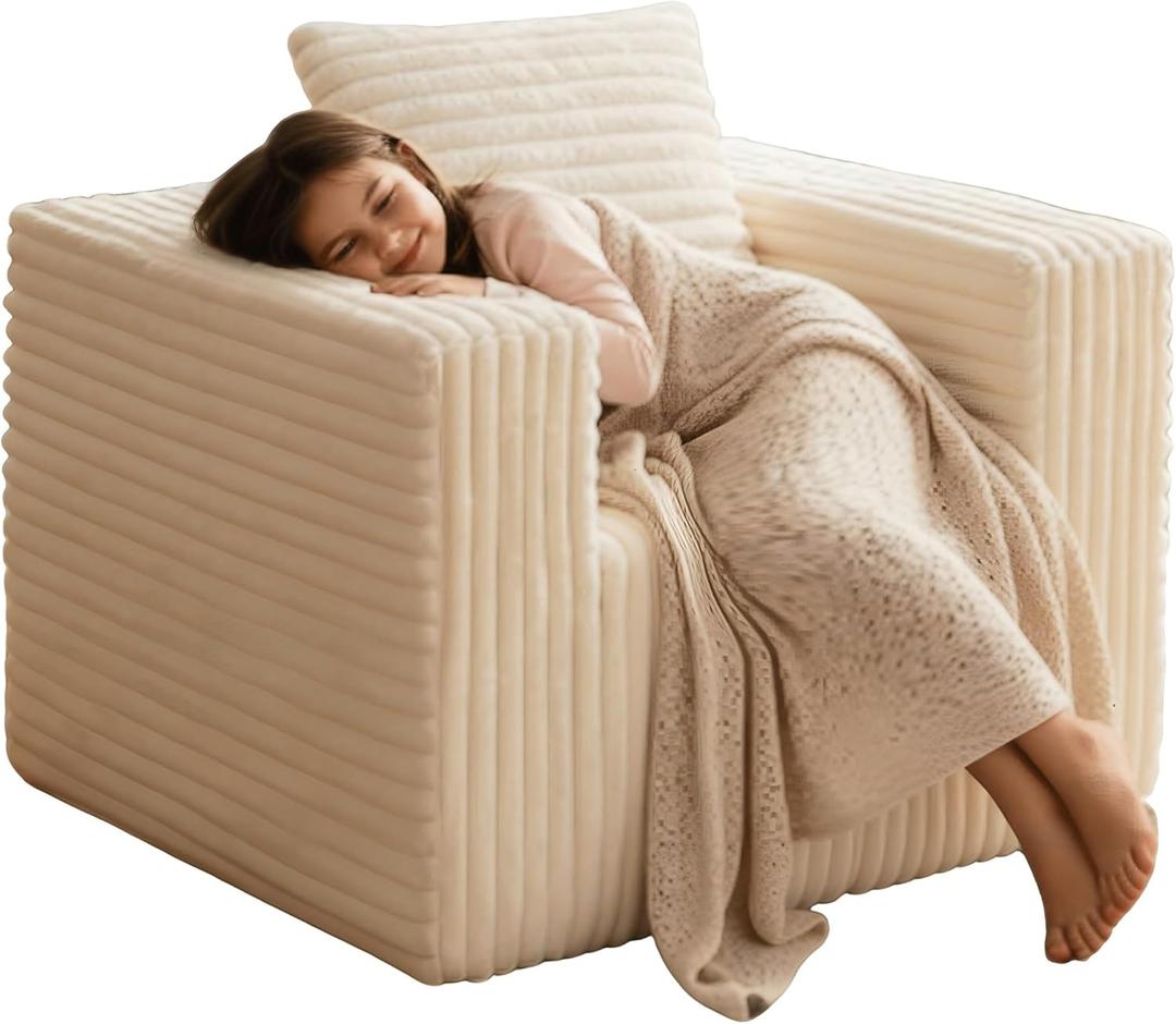 Single Cloud Sofa, Giant Bean Bag Chair with High Backrest & Wider Armrest, Foam Boneless Couch for Small Spaces, Comfy Furry Sofas with Pillows for Living Room, Bedroom, Apartment, Dorm, Office (Beige)