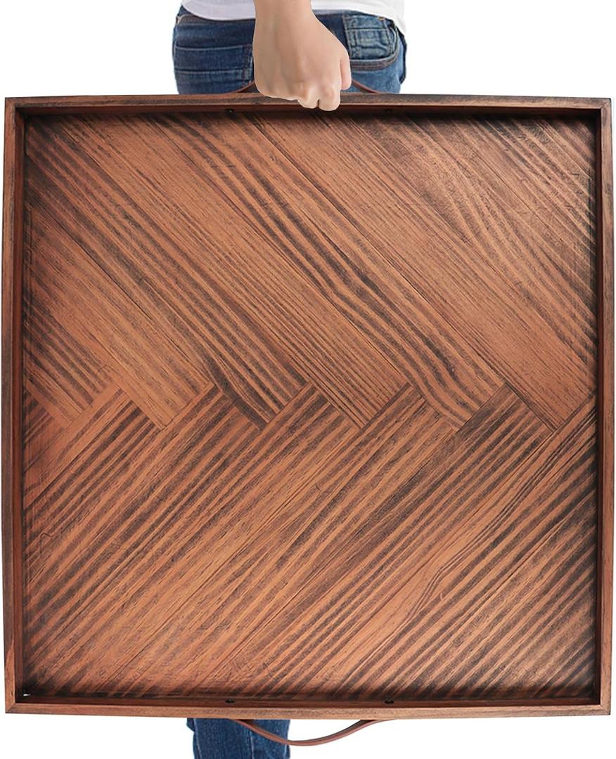 Wooden Serving Tray with Leather Handles, 24x24 in