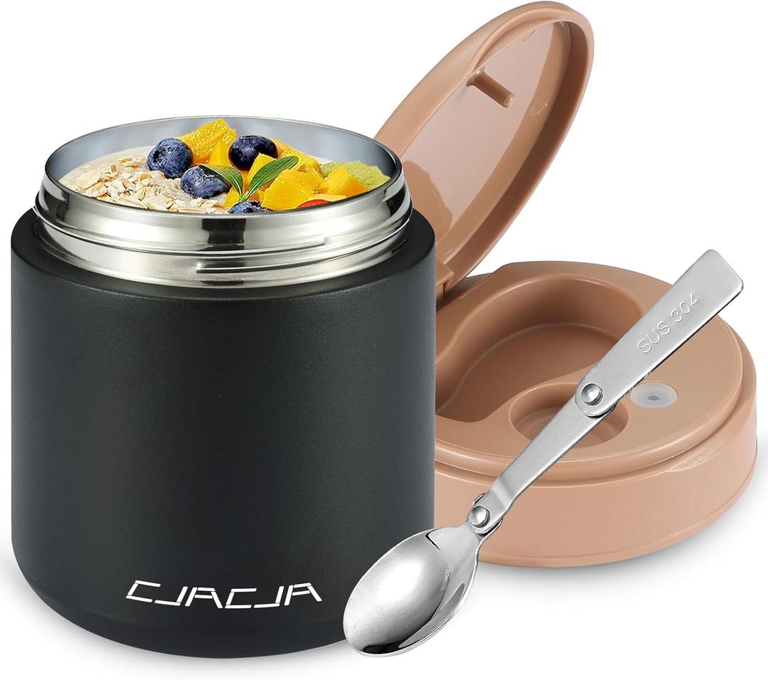 Insulated Food Jar for Kids - 15.2 Oz, Thermo for Hot Food, Soup Thermo, Insulated Food Container, Termos Para Comida Caliente, Width Mouth Stainless Steel Lunch Box with Spoon, Black