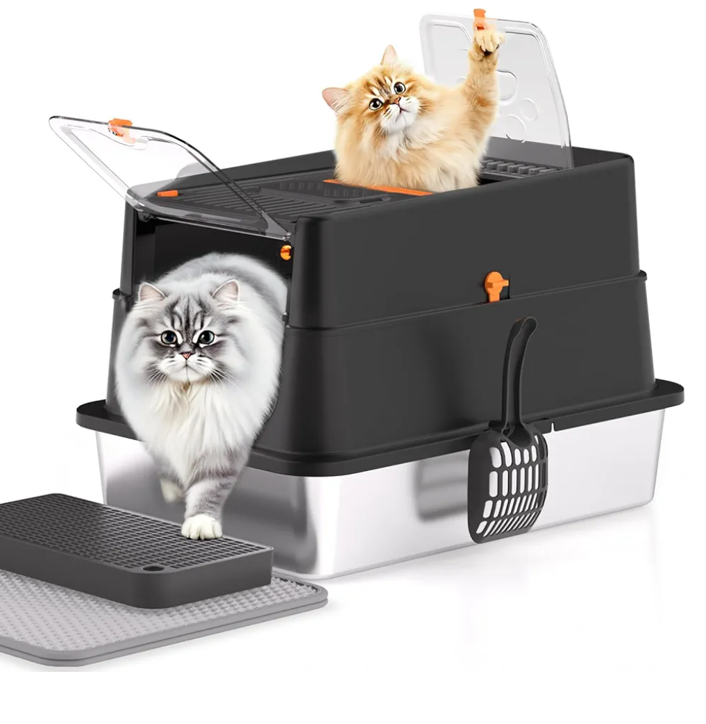 Stainless Steel Cat Litter Box, XL Enclosed Cat Litter Box with Lid, Easy to Clean High-Sided Metal Kitty with Top Entry, Scoop, Mat, Brush & Foot Pedal-Black