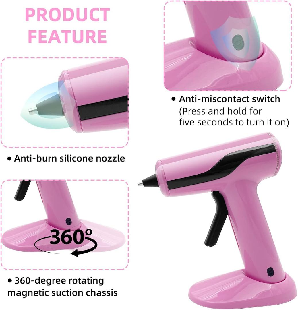 Cordless Hot Glue Gun Kit with 10pcs Mini Glue Sticks, USB Rechargeable Mini Glue Gun with Carrying Case, Stand-Up Base, Smart Power-Off Hot Melt Glue Gun for Crafting, Pink
