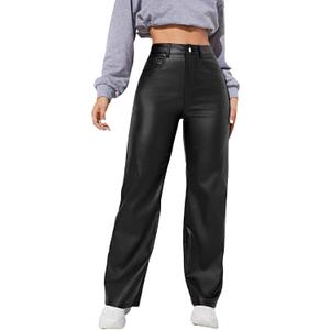 MakeMeChic Women's High Waist Pockets Straight Leg Jeans Leather Look Pants (Medium, Black)