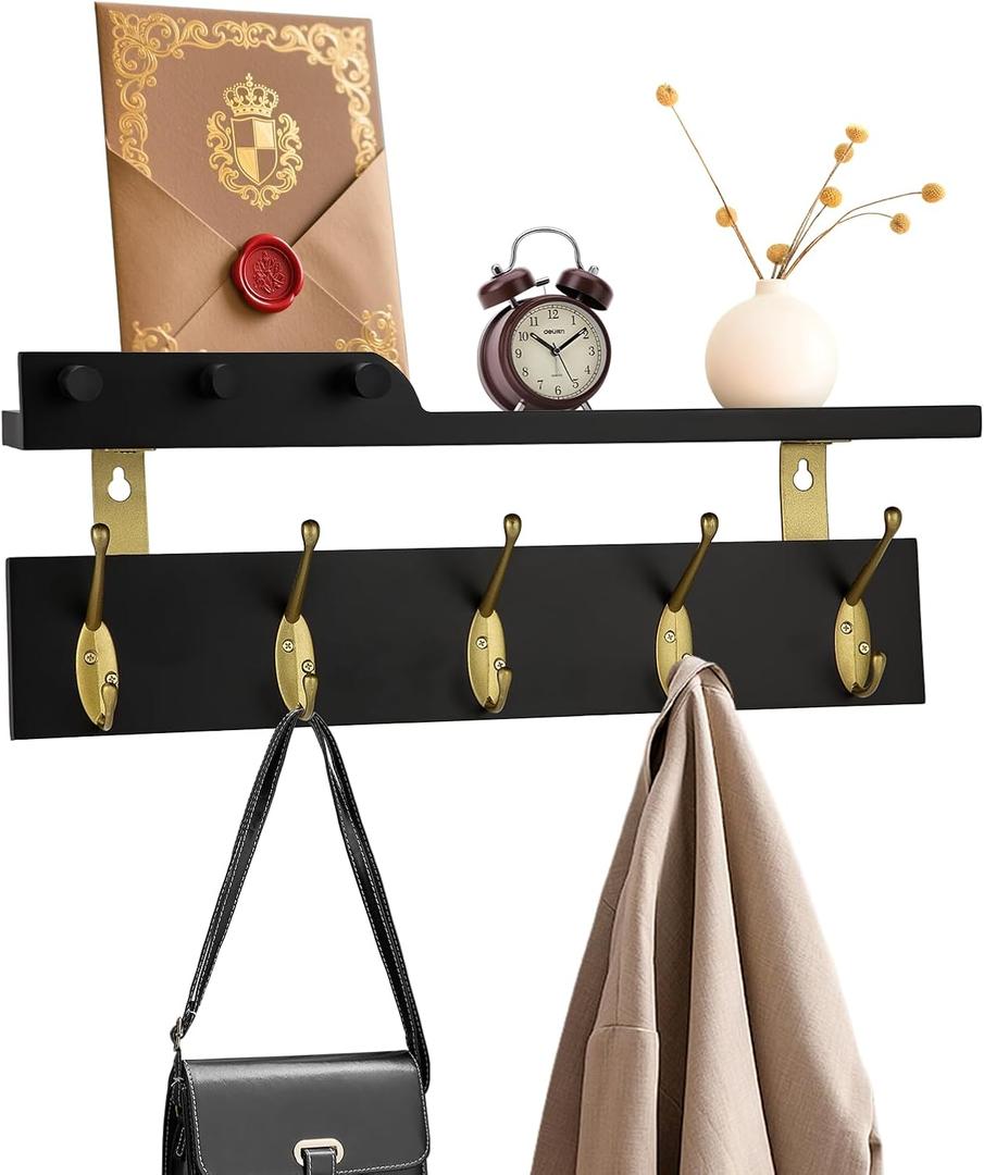 Wall Mounted Coat Rack with Shelf, 5 Gold Double Hooks, 3 Pegs, 16.5 inches Black Wood Floating Shelf for Entryway, Bathroom, Bedroom