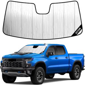 Windshield Sun Shade for Chevrolet Silverado/GMC Sierra 2019-2026 Specific | Custom-fit Precise Coverage Blocks Heat Keep Interior & Dashboard Cool Silver Coating Fast Set Up Travel Daily Commuting