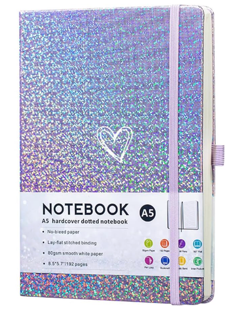 Bling A5 Notebook with Pen, Lined Journal Notebook A5 Notepad for Girls Women,Cute Heart Pattern Design Glitter Laser Diary College Ruled Hardcover Notebook for Work, School, Note Taking, Business (Purple)
