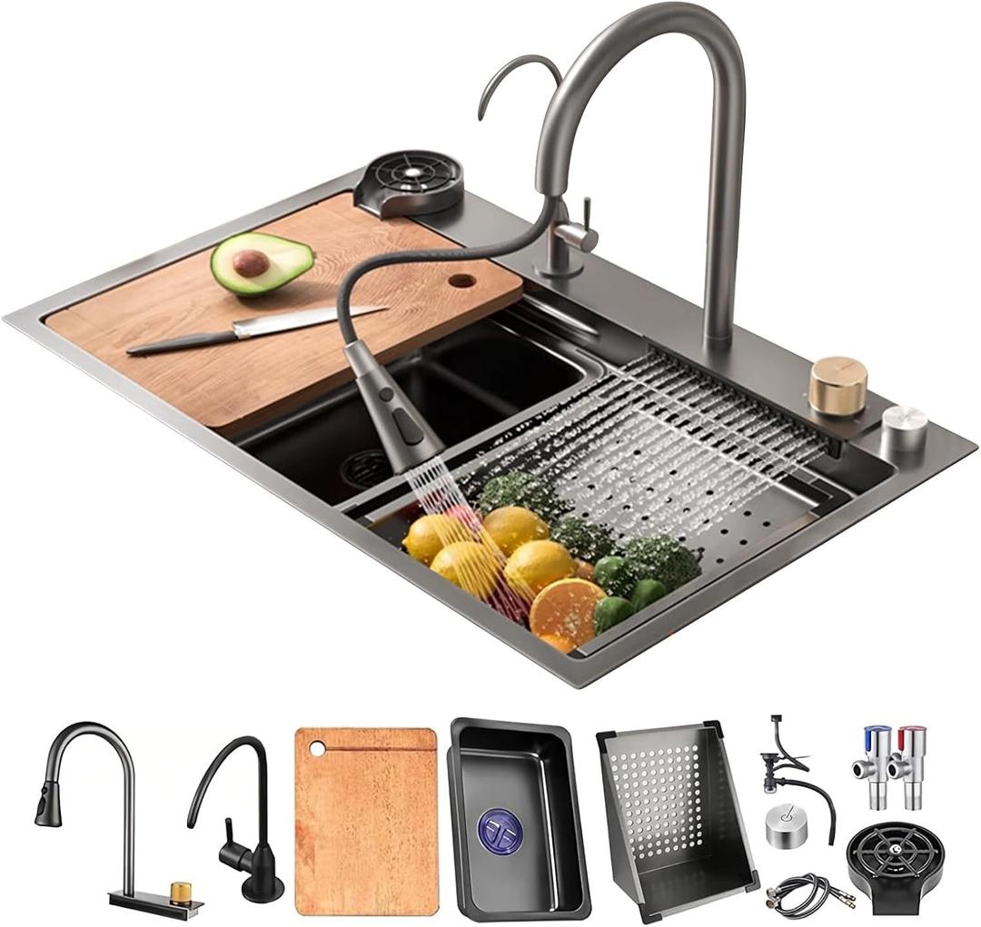 Stainless steel kitchen sinks single bowl above and under counter basins multifunctional black sink with waterfall pull out faucet and glass washer and accessories(Gray,80 * 45 * 20CM)