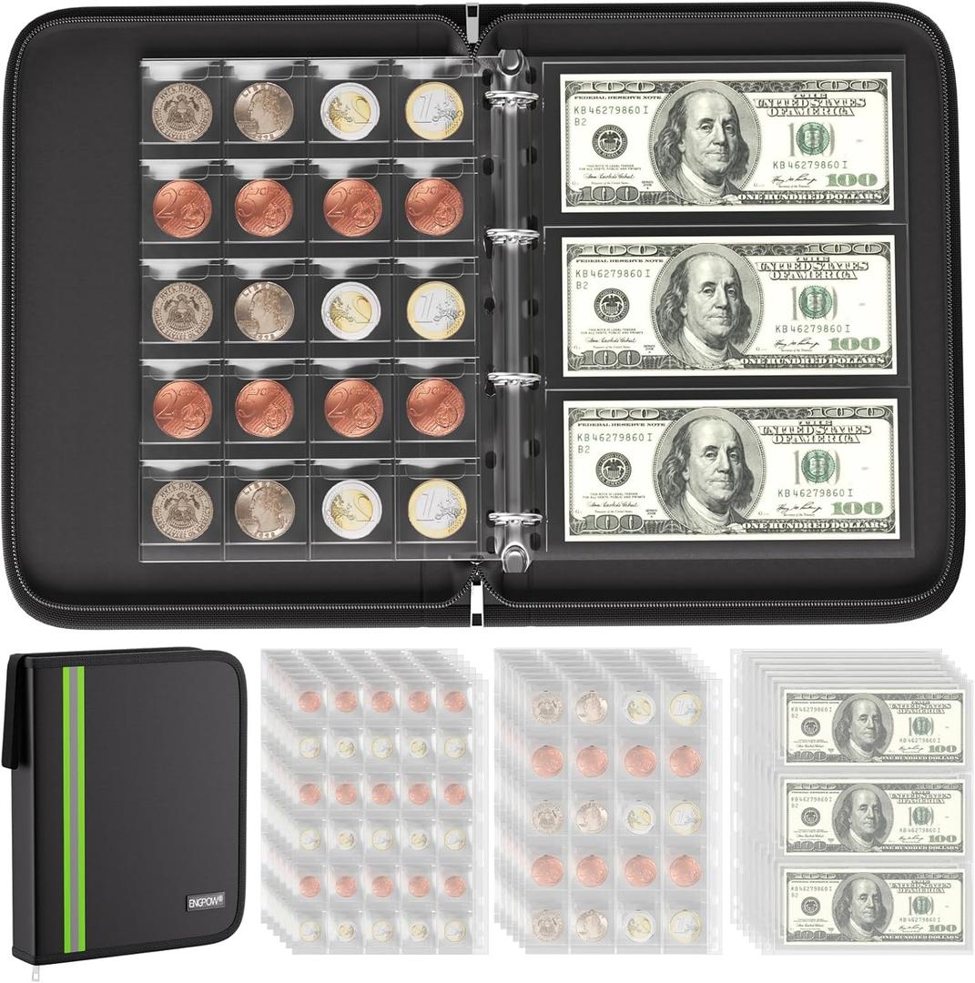 ENGPOW Coin Dollar Bill Holder,Fireproof 336 Pockets Coin Collection Supplies Case Album Money Holders,Coin Storage Protectors Binder with Zipper for Coins(17/20/25/27/30/33/38/40mm) Bill Stamp Black