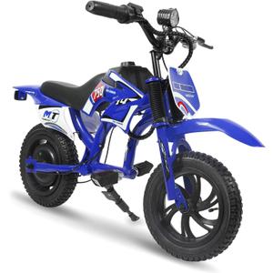 Kids Electric Motorcycle, 25.2V 300W Brushless Motor & Controller, 3 Speeds (10MPH, 8 Miles), LCD, LED, Moto Sound, Twist Grip, Dual Suspension & Brakes, for 3-10 yrs, 110 LB (Blue)