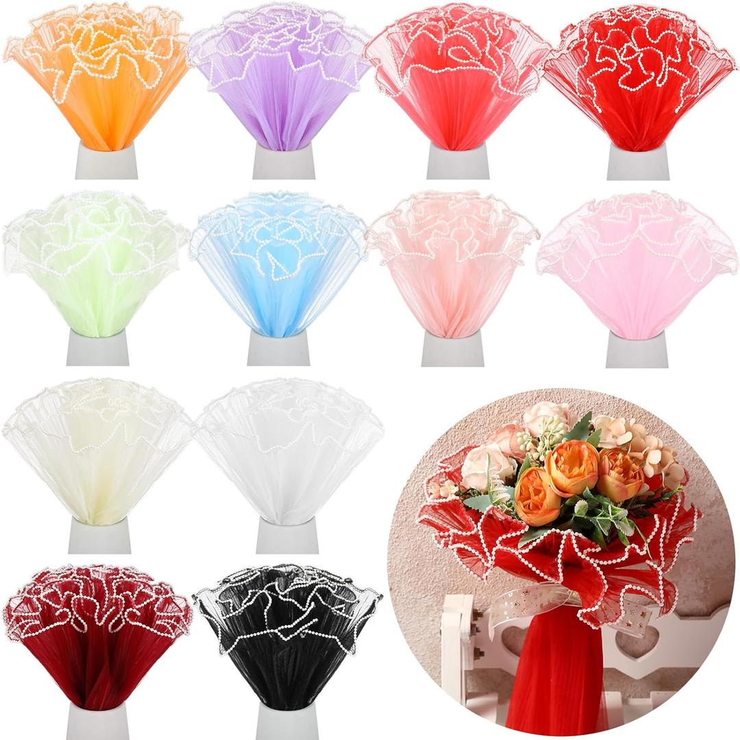 Gilprop 12 Pcs Flower Wrapping Mesh Paper, 11 Inch x 4 Yard Wavy Pearl Edge Wrinkled Flower Packaging Mesh, Florist Supplies for Teacher Mother's Day Gifts (Assorted Colors)