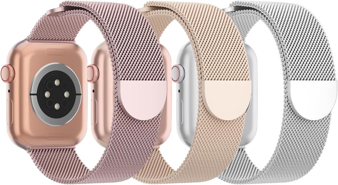3 Pack Mesh Metal Band Compatible with Apple Watch Band  44mm 45mm 46mm 49mm, Stainless Steel Magnetic Loop Strap for iWatch Ultra 3 2 1 Series 11/10/9/8/SE/7/6/5/4/3 Men Women (L-Rose Gold/Milk Tea/Silver)