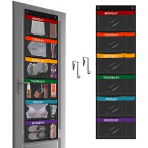 ABCKEY Weekly Kids Clothes Organizer,6-Shelf Kids Clothes Organizer with Labels for Monday to Friday,Over the Door or Wall Mount for Home,Dorm,Bedroom (Black)