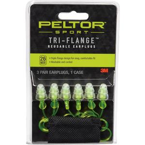 Peltor Sport Tri-Flange Corded Reusable Earplugs, 3 Pair, Noise Reduction Rating (NRR) 26 dB, Comfortable Fit, Ideal For Range, Shooting & Hunting, Washable and Corded, Neon Yellow (97317-10C)