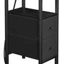 Narrow End Table Living Room with Charging Station, Skinny Side Table with Fabric Drawers, Slim Nightstand for Bedroom, Small Spaces, Couch, Black, HETNDP02BK-1