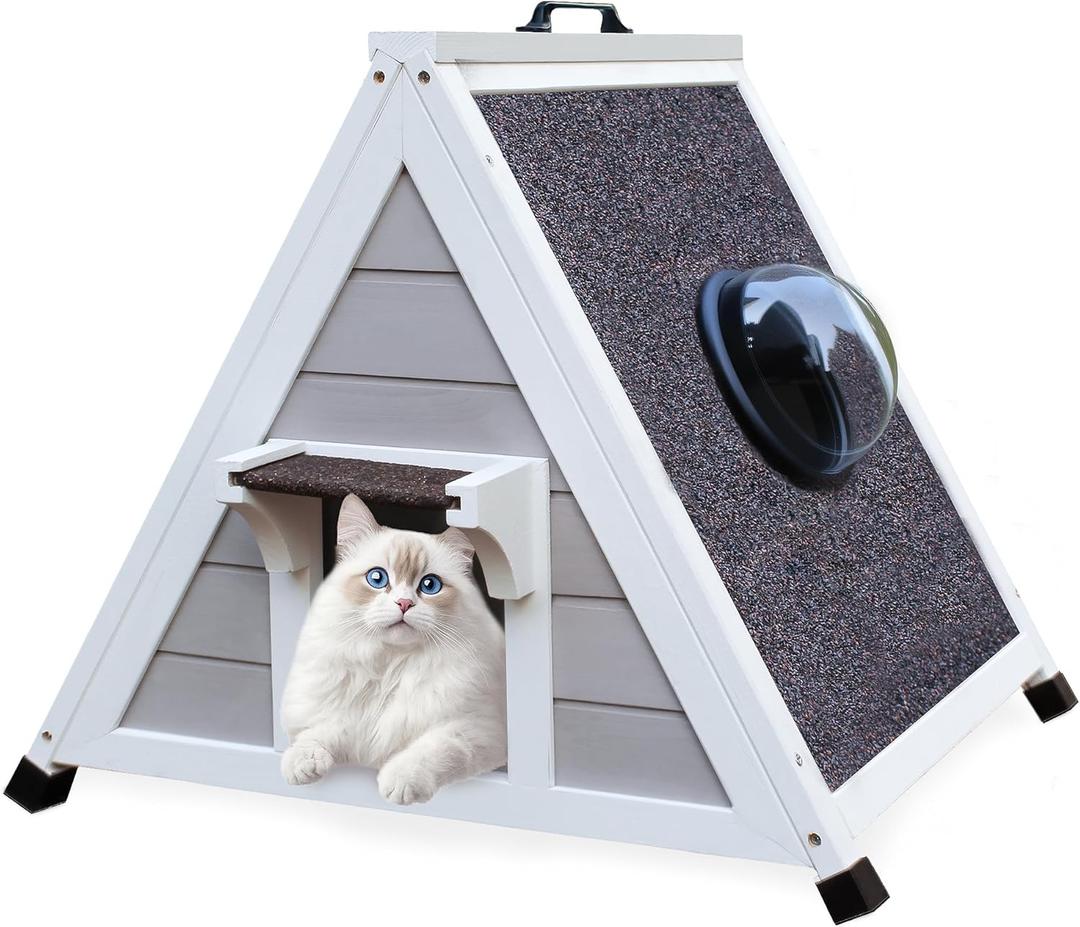 Deblue Outdoor Cat House for Feral Cats, Weatherproof Wooden Cat House for Small Pets, Unique Cat Shelter with Escape Door & Clear Window (Grey House)