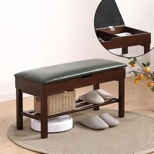 Solid Wood Shoe Bench with Lift-Up Cushion Storage 2-Tier Shoe Rack for Front Door Entrance Hallway Benches with Hidden Storage (Walnut Green, 31.5in)