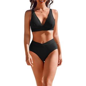AI'MAGE High Waisted Bikini Set for Women Tummy Control Women's 2 Piece Bathing Suit V Neck Sexy Color Block Swimsuit 2025, XL