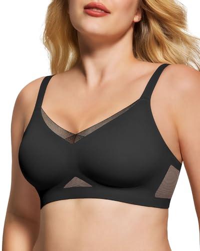 As Fairy Womens Bra No Underwire Seamless Wireless Bra with Soft Support V Neck Mesh Bras Lace Bralette Everyday Bra (Black+Nude, 2XL)