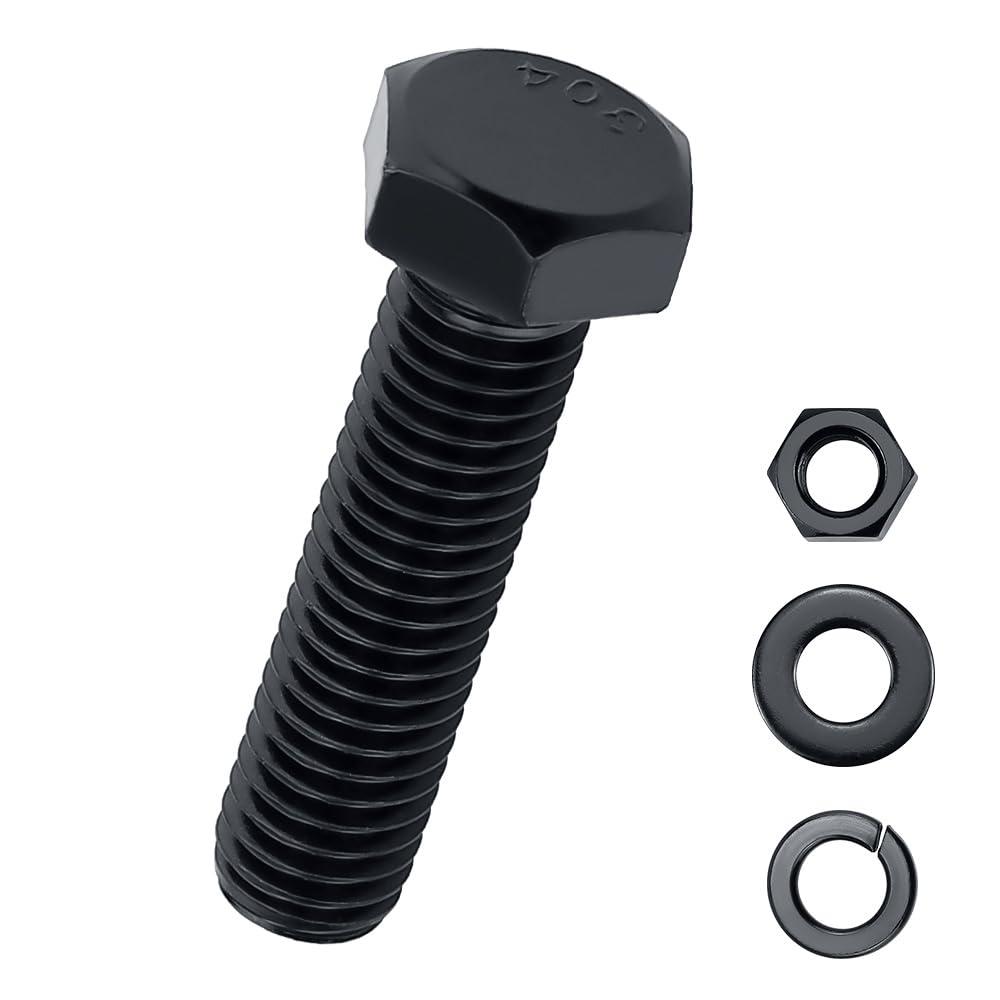 1/2-13 x 2 Hex Bolts with Nuts and Washers (6 Sets), 18-8 (304) Stainless Steel, External Hex Drive, Black Oxide Coated Hexagon Head Bolts Screws, Fayeploo