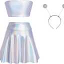 Alien Costume Women Metallic Mini Skirt Dress Alien Outfits Headband Accessories Cosplay Suit for Halloween Mardi Gras (Medium, Silver)