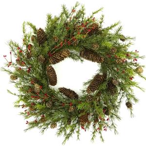 22 inch Artificial Christmas Wreath for Front Door Winter Cedar Wreath with Pine Cones,Pine Needles for Front Door Farmhouse Indoor Outdoor Holiday Home Decor (Green Pine Needle and Red Berry B)
