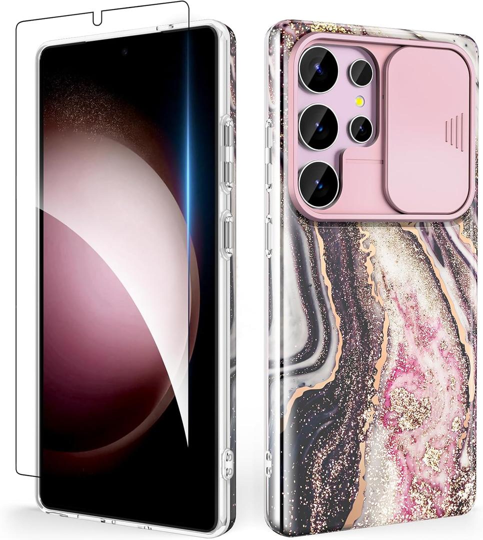 SHEDEER for Samsung Galaxy S25 Ultra Case with Slide Camera Cover & Screen Protector, Anti-Yellowing Chic Pattern, Shockproof Anti-Scratch Slim Thin Phone Cover Samsung S25 Ultra 6.9'', Distant Black