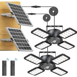 Solar Shed Light Outdoor Indoor Solar Powered Motion Sensor Pendant Light,144LED 1200LM Daytime Work with 5 Modes & Remote Control 4 Heads IP65 Waterproof for Garage Barn Shop 2 Pack