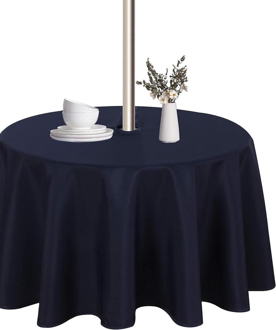 LUSHVIDA Round Outdoor Tablecloth with Umbrella Hole and Zipper, 60 Inch Navy, Washable Waterproof Table Cloth Spill Proof Wrinkle Free Table Cover for Patio Spring Summer Picnic BBQS
