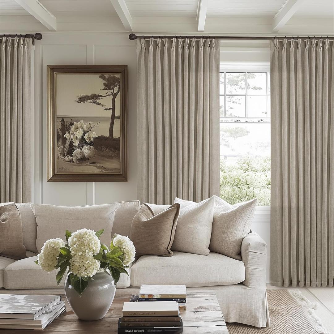Taupe Burlywood Pinch Pleat Linen Curtains 102 Inches Long 70 Inch Wide for Patio Sliding Door Light Filtering Semi Sheer Pleated Drapes Back Tab Extra Wide 70 x 102 Curtain for Living Dining Room, 1 Piece