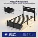 Twin Bed Frames with Drawers, Platform Bed with LED Lights & Charging Station, Wood Headboard, Strong Metal Slats Support, No Box Spring Needed, Noise Free, Easy Assembly