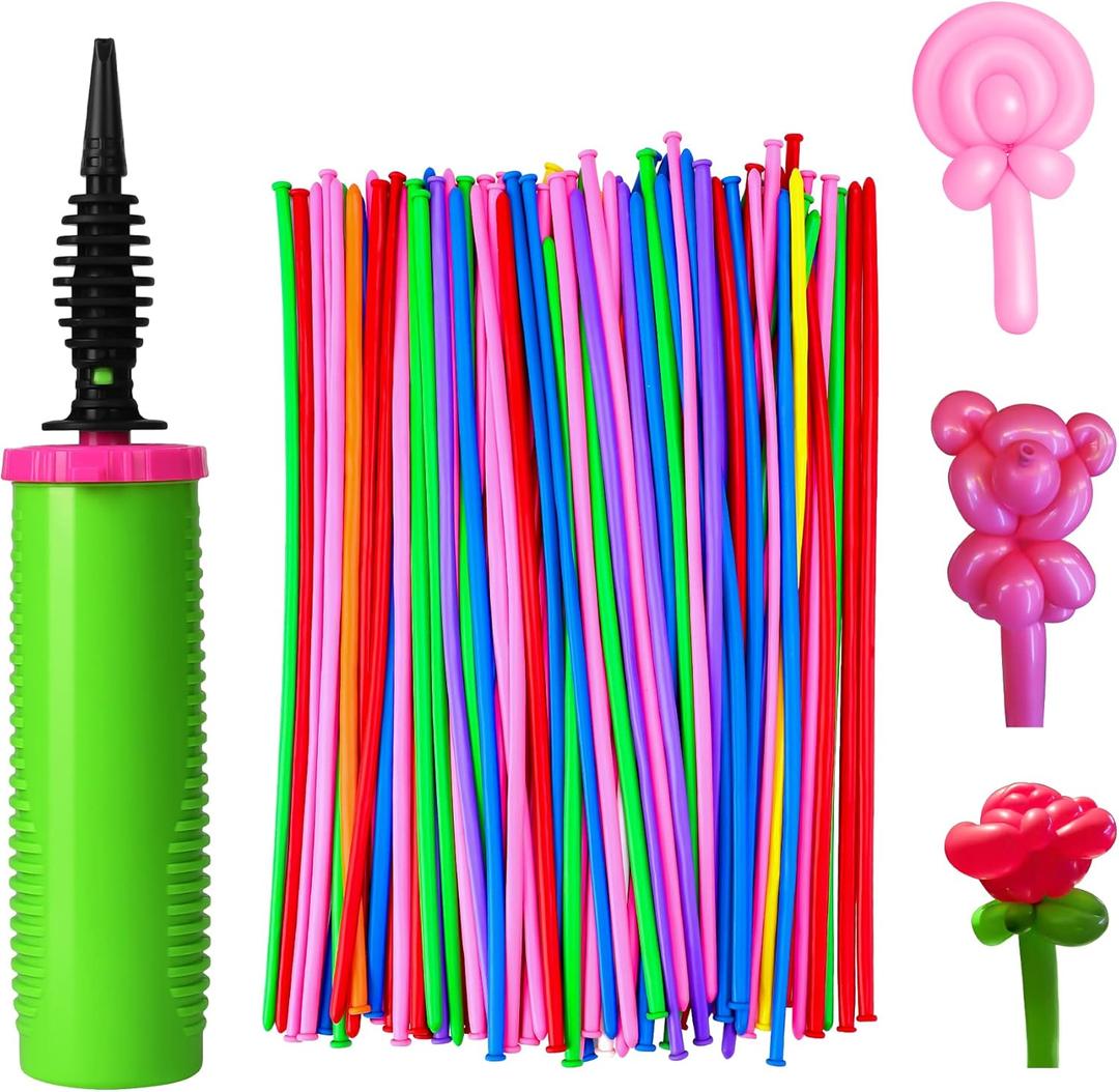 ouyili 100Pcs 260 Balloons qualatex with 1 Hand Balloon Pump Kit, Professional Premium Quality Twisting Magic Long Balloons Assorted Color to Make Animal for Birthday Party Clowns Wedding Decorations