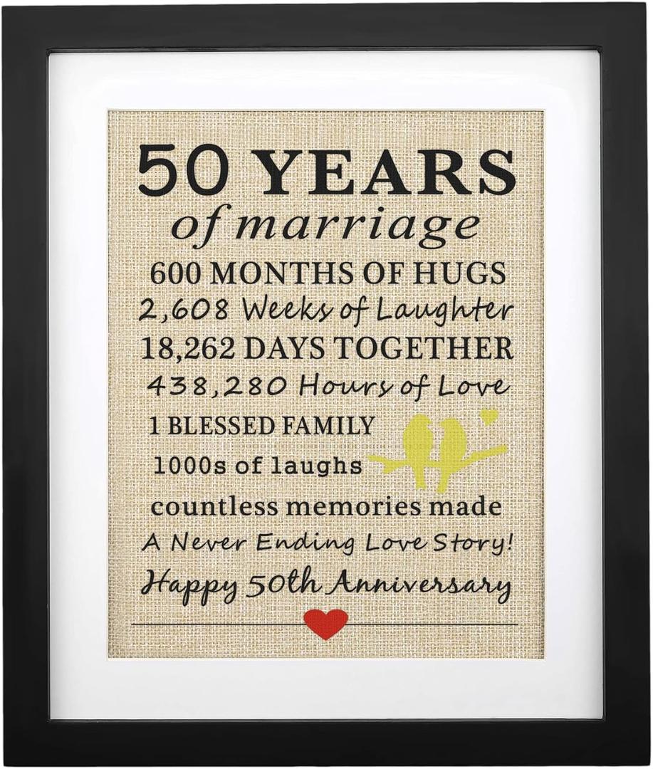 Corfara Framed 50 Years of Marriage Burlap Print, Gifts for 50th Anniversary, Parents 50th Wedding Anniversary, Golden Anniversary, Gift for Grandparents Anniversary, Couples 50 Anniversary Decoration