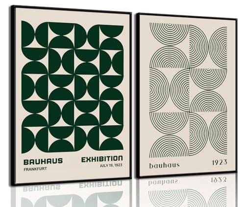 2Pcs Bauhaus Mid Century Modern Wall Art Retro Exhibition Posters Prints Green Boho Geometric Abstract Minimalist Wall Decor Pictures for Bedroom iving Room Dining Room UNFRAMED (Green, 12x16in)