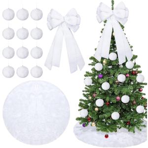 HyDren 14 Pcs White Ornaments for Christmas Tree Set 48 Inch Faux Fur Tree Skirt 20.5 Inch White Fluffy Plush Trees Topper Bow 12 Snow Pom Poms Balls Ornaments for Holiday Xmas Indoor Outdoor Party