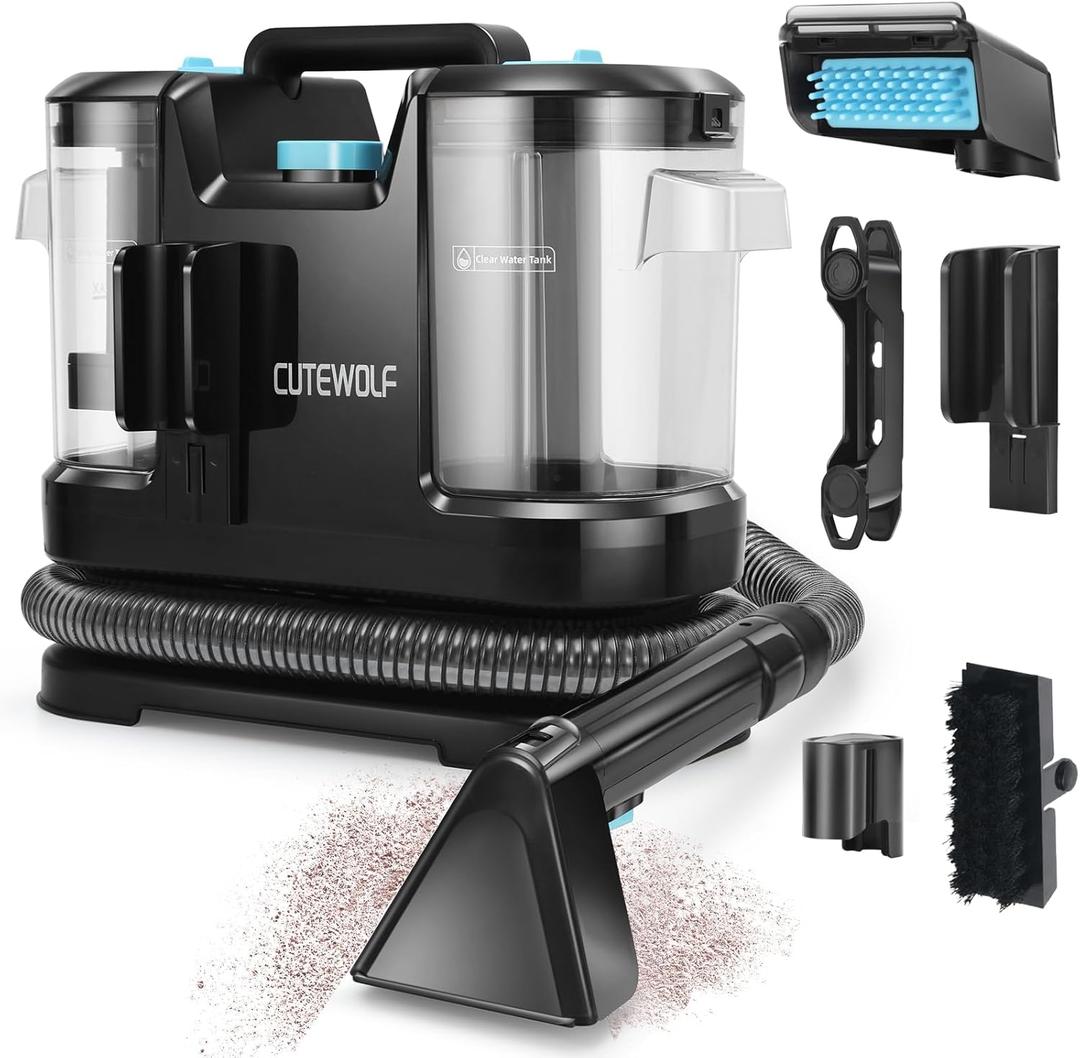 Cutewolf Portable Carpet and Upholstery Cleaner, Powerful Suction Carpet Cleaner with Dual Brush Heads, Deep Stain, Spot & Odor Remover for Carpets, Area Rugs, Couches, Auto Interior (Black)