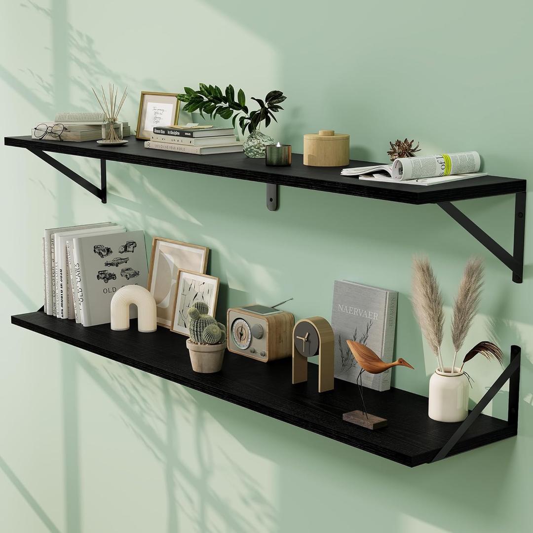 Fun Memories Deep Floating Shelves for Wall, 48W x 8D Wall Mounted Shelves Set of 2, Wide Display Ledge Shelf with Sturdy Metal Brackets for Living Room, Bathroom, Bedroom and Kitchen, Black (48"W x 8"D)