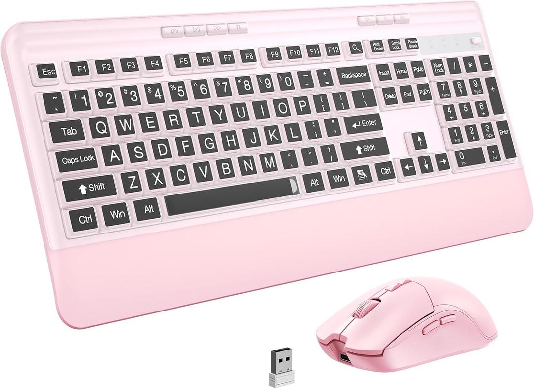 KOPJIPPOM Silent Wireless Keyboard and Mouse Combo Keyboard with Large Print Cover, 2.4GHz Full-Sized Ergonomic Keyboard with Wrist Rest and Mouse for Laptop, PC, Notebook, Desktop