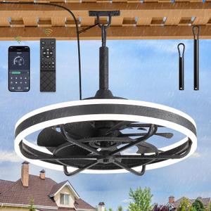 LEDIARY 24" Outdoor Ceiling Fans with Light, Waterproof Gazebo Fan with Hanging Hook, App Control for 3CCT Dimmable, Caged Plug in Ceiling Fan with Hanging Hook for Patio, Porch, Pergola