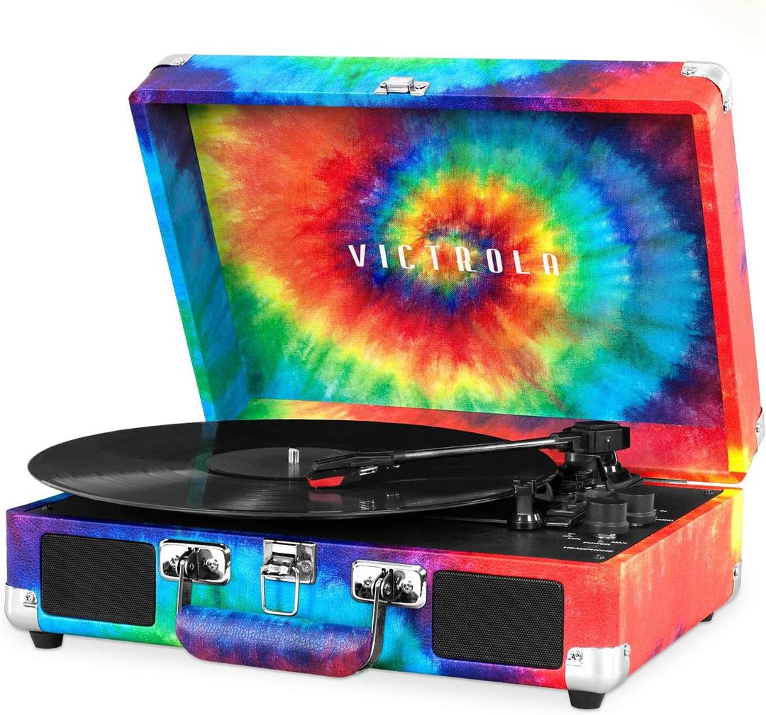 Victrola Journey Bluetooth Portable Suitcase Record Player  with Built-in Speakers, 3 Speed Vinyl Record Player, RCA Out, Headphone Jack (Tie Dye)