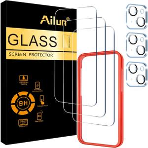 Ailun 3 Pack Screen Protector for iPhone 15 [6.1 inch] + 3 Pack Camera Lens Protector with Installation Frame,Case Friendly Tempered Glass Film,[9H Hardness] - HD