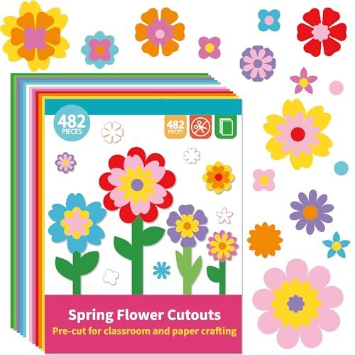 482 PCS DIY Flower Paper Cutouts Colorful Flower Shape Cut Outs 2-Sided Card Stock Punch Out Flowers Die Cuts with Glue Points for Kids Spring DIY Crafts Pre-Cut Classroom Bulletin Board Decoration