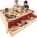 Tiny Land Large Wooden Train Table (47.9x35.2), 104PCS Train Set, 3 Storage Bins, Activity Playset for Kids Ages 3+