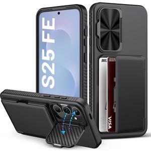 BXYJY for Samsung Galaxy S25 FE Case Wallet, Card Holder (3-5 Cards), Camera Cover Stand, Military Grade Drop Protection, Rugged Hard Heavy Duty Men Women Phone Case for Galaxy S25 FE 6.7" 2025, Black