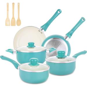 Pots and Pans Set Nonstick, 11pcs Kitchen Cookware Sets Induction Cookware, Ceramic Non Stick Cooking Set, Stay Cool Handle & Bamboo Kitchen Utensils, 100% PFOA Free, Turquoise