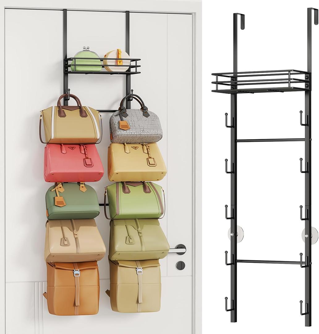HapiRm Over The Door Purse Organizer - Wall Mounted Purse Rack with 10 Hooks and Metal Basket, Hanging Handbag Organizer Holds up to 10 Bags, Bag Rack Can Use As 1/2 Part, for Door, Closet (Black) (6-Tier)