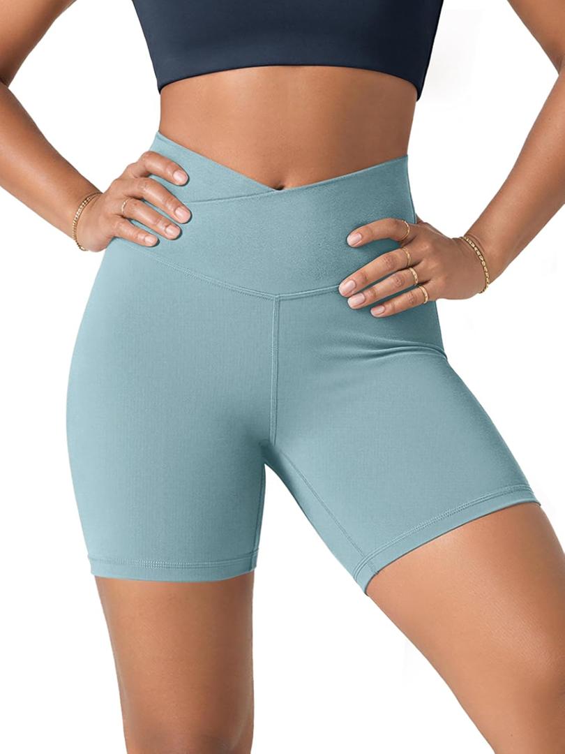 ODODOS Women's Crossover Yoga Shorts with Back Pocket, 6" Buttery Soft V High Waist Lounge Biker Shorts, Chambray, Large (L)